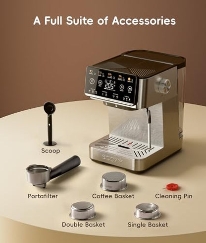 ecozy 4-in-1 Espresso Machine and Coffee Maker Combo with Milk Frother, All in One with Cold Brew & Over Ice, Interactive Touch Screen, Brezzano Elite Series for Cappuccinos, Lattes, Americanos - color: Silver