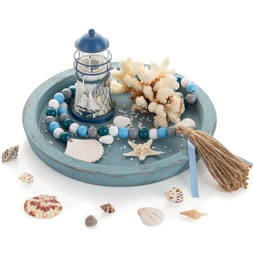 Hanobe Beach Decor Decorative Tray: Farmhouse Coastal Tray for Nautical Themed Decorations Coffee Table - Round Wooden Trays Ocean Style for Bathroom Countertop Centerpiece Rustic Blue - color: Blue