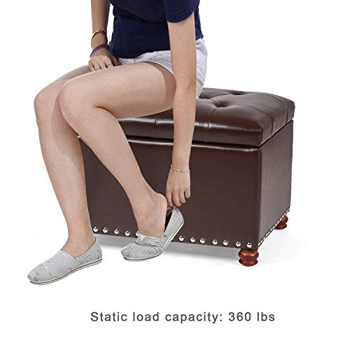 Leather Ottoman with Storage,24’’Foot Rest Ottomans with Hinged Lid Rectangle Upholstered Foot Stools Nailhead Trim for Living Room Bedroom,Dark Brown - color: Dark Brown With Button