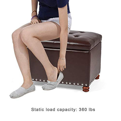Leather Ottoman with Storage,24’’Foot Rest Ottomans with Hinged Lid Rectangle Upholstered Foot Stools Nailhead Trim for Living Room Bedroom,Dark Brown - color: Dark Brown With Button