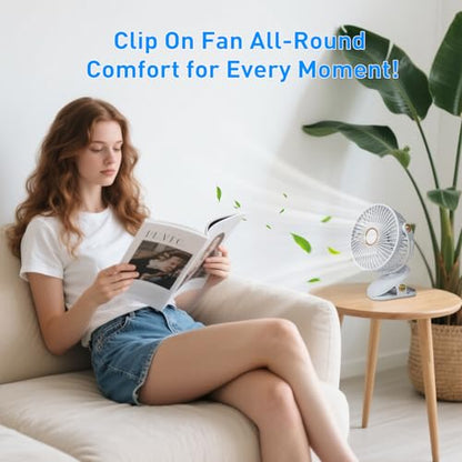 Portable Clip on Fan 5 Speeds 360° Dual Rotation Brushless Motor Ultra Quiet <20dB LED Light USB Rechargeable