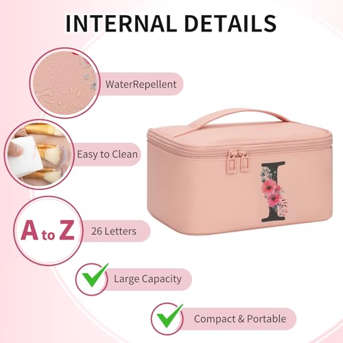 OCHEAL Initial Makeup Bag,Monogram Make up Bag Pink Travel Makeup Organizer Case Beauty Toiletry Cosmetic Bag with Brush Holder, Trendy Stuff Personalized Gifts for Women and Girls-I - color: Pink, style: I