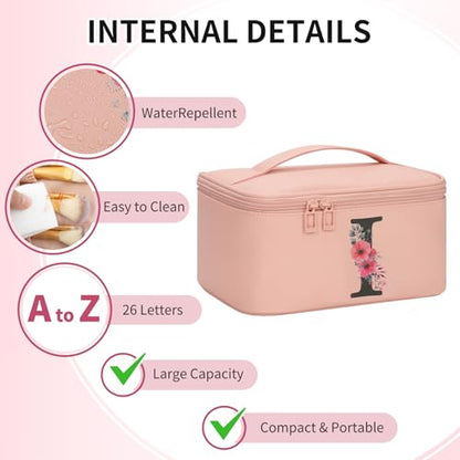 OCHEAL Initial Makeup Bag,Monogram Make up Bag Pink Travel Makeup Organizer Case Beauty Toiletry Cosmetic Bag with Brush Holder, Trendy Stuff Personalized Gifts for Women and Girls-I - color: Pink, style: I