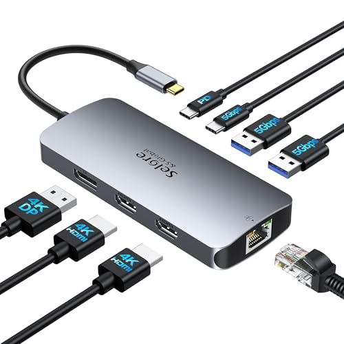 USB C Docking Station Dual Monitor, Selore Docking Station 3 Monitors Triple 4K Display with 2 HDMI, DisplayPort, 1Gbps Ethernet, 100W PD Charging, USB 3.0 Ports Adapter for Dell, HP, Lenovo,etc - color: Gray