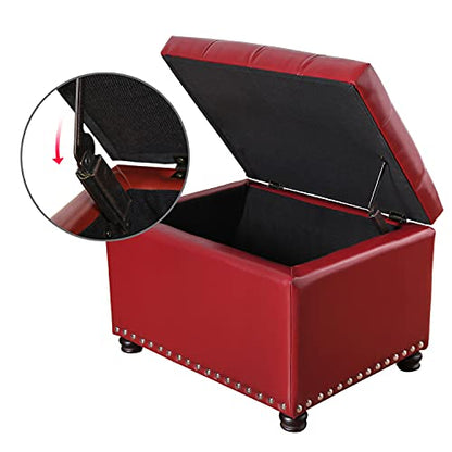 24'' Leather Storage Ottoman Rectangular Foot Rest Stool with Nailhead Trim for Bedroom Living Room(Red) - color: Red
