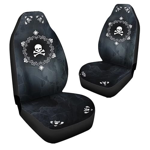 Bulopur Cute Black Gray Skull Set of 2 Car Seat Covers Universal Auto Front Seats Protector Fits for Car,SUV Sedan,Truck - color: Black Gray Skull Floral