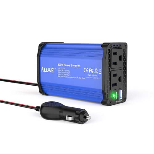 ALLWEI 300W Car Power Inverter, DC 12V to 110V AC Converter Car Plug Adapter Outlet with 27W PD USB-C & 18W USB-A Fast Charge, Car Cigarette Lighter Car Charger for Phone, Laptop on Road Trip -Blue - color: PD27W-Blue