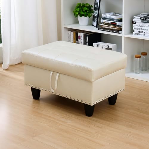 Chesterfield Ottoman with Storage,28.5" Large Square Storage Retro Rivet Ottoman Footstool Bench Coffee Table with Thick Cushion for Home Decor/Entryway/Living Room/Bedroom/Rv,Cream Leather - color: Cream Leather