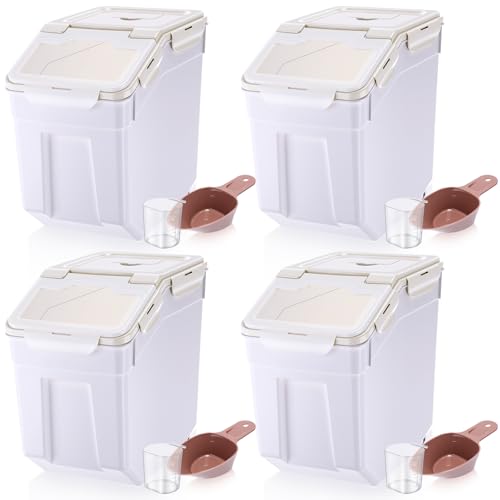 Sunnyray 4 Pcs 55 lbs Grain Rice Storage Container Flour Bin with Wheels Cup Leak Proof Pet Food Storage Boxes Seal Locking Lid Plastic Rice Containers Set for Cereal Flour Cat Dog Food (Beige) - color: Beige, size: 55 lbs