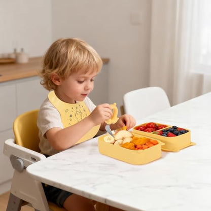 Baby Travel Essentials 6 Pc Feeding Set - Cute Cat Toddler Plates with Suction, 304 Stainless Steel Spoon & Fork, Foldable Silicone Bib in Travel Case - BPA-Free Airplane Travel Gear (Pale Yellow) - color: Pale Yellowe