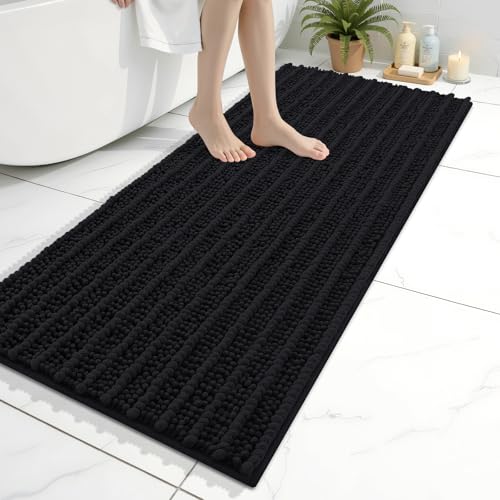 Arotive Luxury Bathroom Rugs 47x20, Extra Soft Thick Absorbent Shaggy Chenille Bath Rugs, Non-Slip Machine Wash Dry, Bath Mats for Bathroom Floor, Tub and Shower, Home Decor Accessories, Black - color: Black, size: 47" X 20"