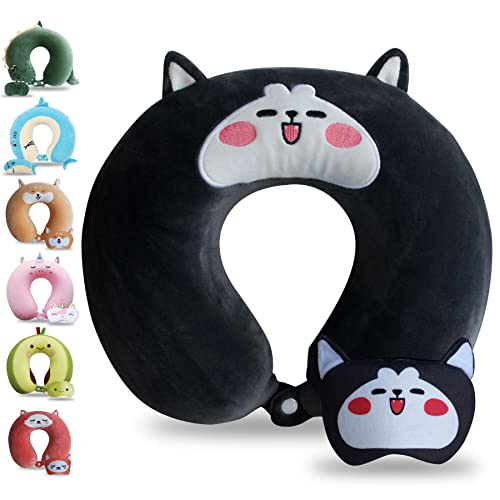 Sexysamba Cartoon Headrest & Neck Pillow for Kids Boys & Girls, Teens, Travel Accessories for Airplane, Car, Recline, Memory Foam Cute Travel Pillow with Sleep Eye Mask - Husky - color: Dark Grey Husky