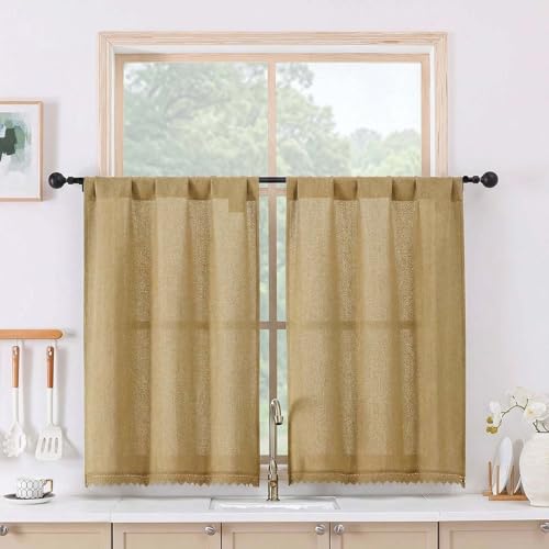 Chyhomenyc Lace Short Kitchen Curtains 36 Inch Length - Light Filtering Faux Linen Living Room Half Window Curtains, Farmhouse Vintage Boho Curtain for Bathroom Cabinet, 26Wx36L, 2 Pieces, Gold - color: Gold, size: 26"W x 36"L (Pack of 2)