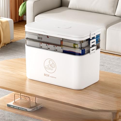 3-Tier Medicine Storage Box, Empty Family Emergencies First Aid Kit Container, Portable Plastic Medicine Storage Organizer Holder Multipurpose Box with Handle for Home, Travel (White) - color: White