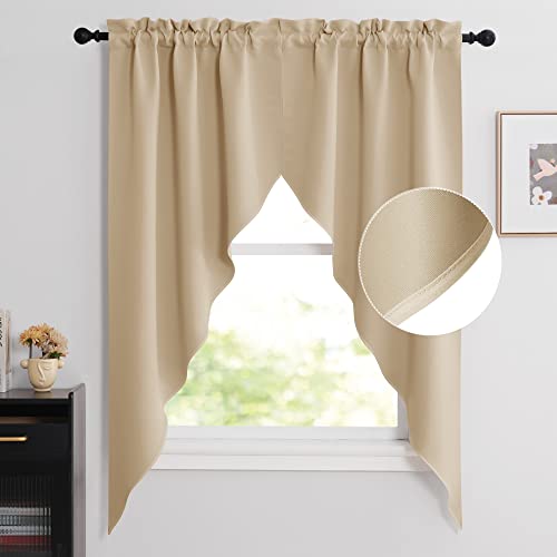 NICETOWN Room Darkening Pole Pocket Kitchen Tier Curtains- Tailored Scalloped Valance/Swags for Nursery for Basement (Biscotti Beige, 2 Pieces, 72 inches Wide Combined, 63 inches Long) - color: Biscotti Beige, size: 36"W x 63"L (Pack of 2)