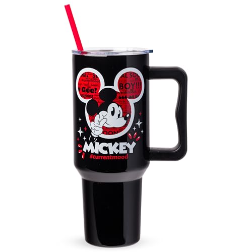 Silver Buffalo Disney Classic Mickey Mouse Hashtag Current Mood “#currentmood” Double Walled Stainless Steel Tumbler with Handle and Straw, Fits in Standard Cup Holder, 40 Ounces - color: Mickey Mouse #currentmood