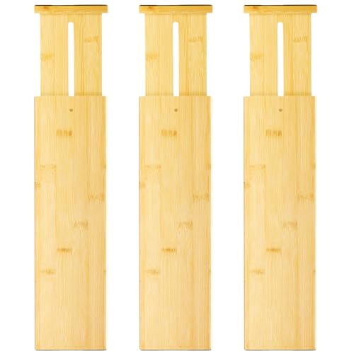 VaeFae 3 Pack Bamboo Drawer Dividers, 4" High Adjustable 16.6" - 21.8" Clothes Drawer Organizers, Expandable Separators for Bedroom/Bathroom/Kitchen/Office Storage - size: 4''H, 16.6''-21.8''L, 3 Pack