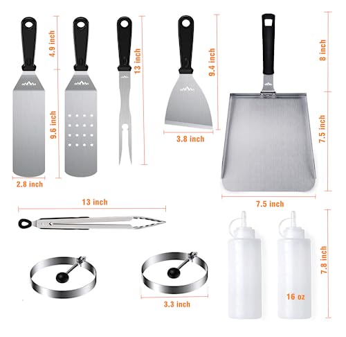 Griddle Accessories Kit for Blackstone, Weber and Other Flattop Griddle | Stainless-steel Griddle Spatula Set with Squeeze Bottles, Large Scoop, Egg Ring, and Scraper, Gift Pack