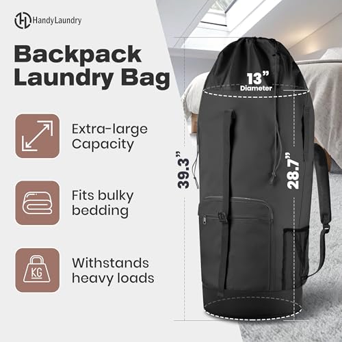 Laundry Backpack - XL Heavy Duty Laundry Bag Holds 3-4 Loads - Adjustable Straps, Drawstring Closure, Pockets & Handles - Durable Hamper for College, Travel & Laundromat - Black