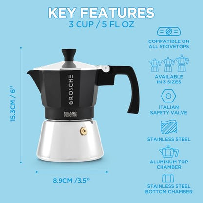 GROSCHE Milano Induction Stovetop Espresso Maker Moka Pot for Greca, Induction, Electric & Gas Stoves, Dishwasher Safe Stovetop Espresso Maker | 3 Espresso Cup, Black - color: Induction, Black, size: 3 espresso cups