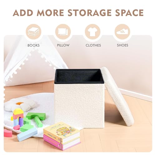 B FSOBEIIALEO Small Storage Ottoman Cube Sherpa Ottomans Foot Rest, Foldable Boucle Ottoman, Faux Teddy Fur, Cream White 15"x15"x15" - color: White, size: 15"x15"x15"