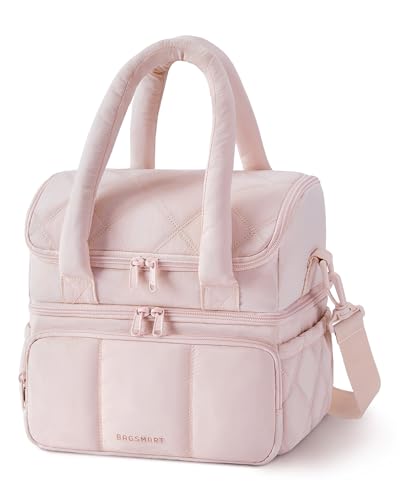 BAGSMART Lunch Bag Women, Double Deck Insulated Lunch Box, Quilted Puffer Lunch Tote, Leakproof, Durable & Reusable Large Lunch Cooler For Work Picnic Travel Meal Prep, Pink - color: Pink, size: Large(double deck)