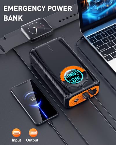 Jump Starter with Air Compressor, Car Battery Jump Starter (8.0 Gas/7.0L Diesel), Battery Jumper Starter Portable Jump Box, 12V Portable Car Jump Starter with Tire Inflator, LED Light (Classic)