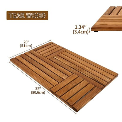 Utoplike Teak Wood Bath Mat, 32 x 20 inch Large Wooden Shower Mat for Bathroom, Non Slip Wood Floor Sturdy Mat for Inside Shower Luxury Spa Home or Outdoor - size: 32" x 20" (Rectangular)