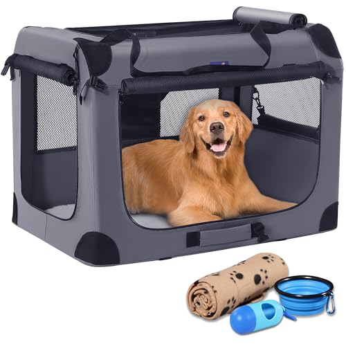 Petprsco 40 Inch Collapsible Dog Crate, Portable Dog Crates for Large Dogs, XL Dog Crate for Travel, 3 Door Soft Dog Kennel with Durable Mesh Windows Indoor & Outside - color: Gray, size: 40.0"L x 27.0"W x 27.0"H