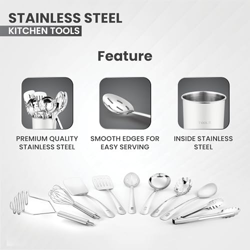 Avador® Premium Set of 10 Stainless Steel (WHITE HOLDER) Kitchen Tool Set with Holder Easy To Clean, Space Saving, Great for Cooking, Baking, Prepping (WHITE) - color: White