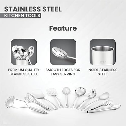 Avador® Premium Set of 10 Stainless Steel (WHITE HOLDER) Kitchen Tool Set with Holder Easy To Clean, Space Saving, Great for Cooking, Baking, Prepping (WHITE) - color: White