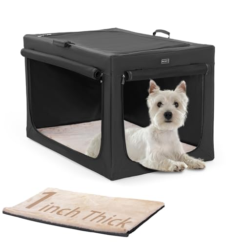 PETSFIT Portable Dog Crate for Small Dogs, – 24" Soft Dog Travel Crates with Lockable Zippers & Thicken Mat, Adjustable Patented Spiral Steel Frame, Collapsible Kennel for Indoor & Outdoor - color: Black(With Mat), size: 24.0"L x 18.0"W x 17.0"H