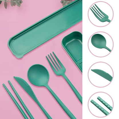 ELANE 4 Sets Reusable Travel Utensils Set with Case,Camping Cutlery Set Reusable Cutlery Set with Case,Utensil Sets for Lunch Picnic Daily Use Outdoor (darkgreen) - color: darkgreen