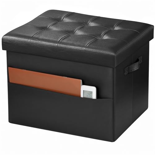 Bsketa Storage Ottoman Foot Rest Stool, Small Leather Storage Ottomans Bench, Folding Foot Stool with Handles Lid, Foot Rest Under Desk for Living Room Bedroom, 17x13x13 in, Black - color: Black-1 Pack
