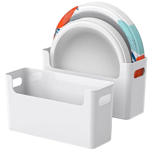 2Pcs Paper Plate Dispenser for 6-9.5 Inch Disposable Plates, Space-Saving Plastic, Foam and Paper Plate Storage Organizer for Cabinet, Countertop, RV or Outdoor (White) - color: White