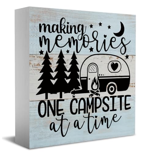 Funny Camping Gifts Desk Decor Wooden Box Sign Camping Camper Accessories Decor Rustic Wood Block Plaque Box Sign for Camper Traveler Home Farmhouse Shelf Table Decoration One Campsite at a Time Sign - color: Multi652