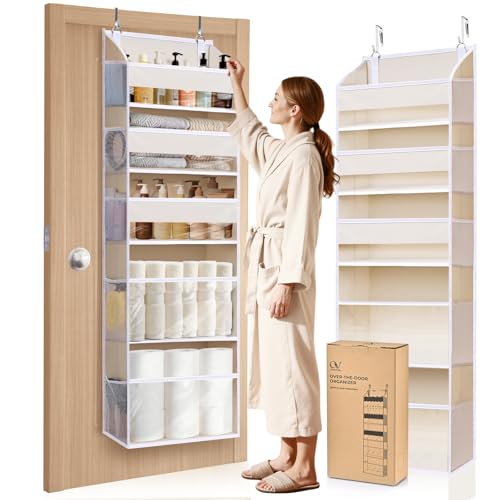5 Tiers Over the Door Organizer with 10 Mesh Side Pockets, 44 lbs Weight Capacity Closet Hanging Storage Organizer with Large Clear Window Kids Toys, Shoes, Diapers, Beige - color: Beige, size: Large