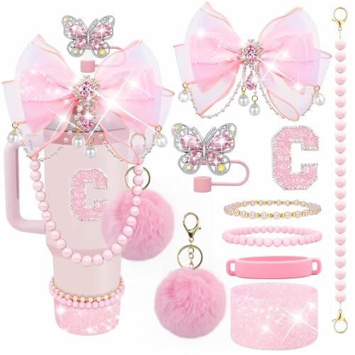 Letter Stickers Bling Accessories Set for Stanley 40/30/20 oz Tumbler: Bow Straw Topper, Charms, Butterfly Cap, Pearl Strap, Silicone Boot, Accessories for Stanley Quencher H2.0 - color: Pink Peony, style: C