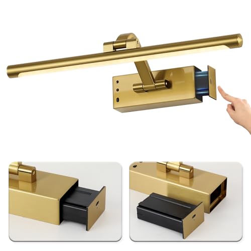 Wireless Picture Lights for Wall Removable Battery Charging, Battery Operated Art Light for Paintings, 3CCT Dimmable with Remote, Rotatable Gallery Light for Pictures Display - color: Gold