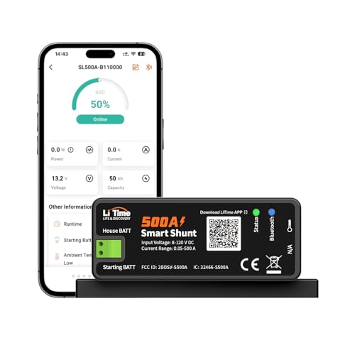 LiTime 500A Smart Shunt, Bluetooth Battery Monitor Range 8V-120V, SOC, Alarm Alerts, History Records, App Monitoring for Lithium, LFP, AGM, Gel Batteries, Ideal for RV/Marine/Solar Home Storage
