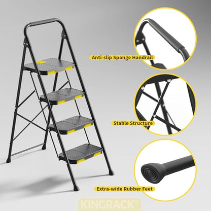 KINGRACK 4 Step Ladder, Sturdy Steel Step Stool with Safe-Lock Design, Handrail, Anti-Slip Wide Pedals, Pass 800lbs Load Testing, Folding Portable Ladder for Multi-Purpose, Home, Kitchen, Black - size: 4 Step Ladder