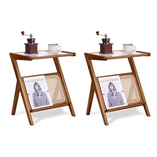Tiita 2 Pack Rattan Side Table, Mid Century Nightstand, Bamboo Accent Bedside Tables, Glass Coffee Tables, Boho Wooden End Table with Storage for Small Space, Living Room and Bedroom - color: 2 Pack Rattan-l-brown