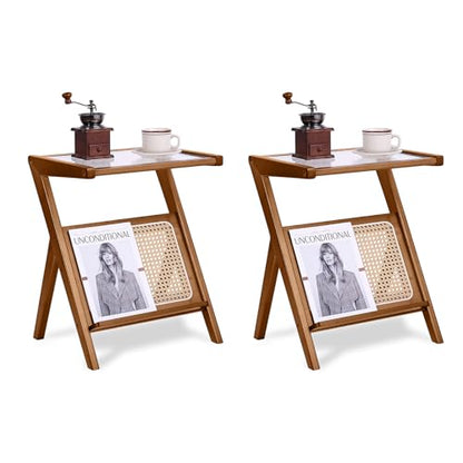 Tiita 2 Pack Rattan Side Table, Mid Century Nightstand, Bamboo Accent Bedside Tables, Glass Coffee Tables, Boho Wooden End Table with Storage for Small Space, Living Room and Bedroom - color: 2 Pack Rattan-l-brown