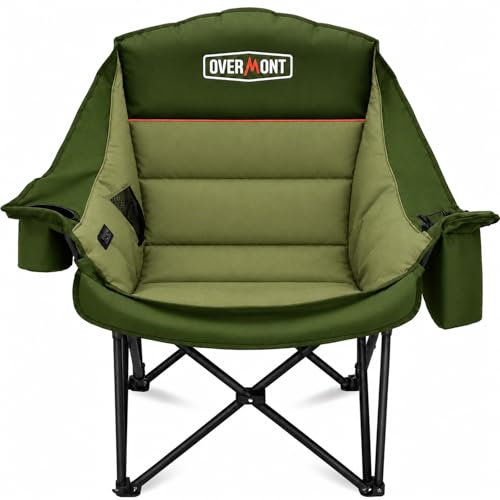 Overmont Gentle Heated Oversized Camping Chair for Adults - 3 Levels Seat & Back Separately Control - 500lbs Support Heavy Duty Padded Folding Chair Outdoor Garden Portable - Battery NOT Included - color: Green