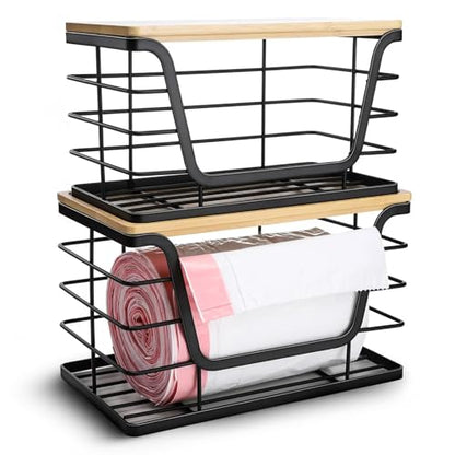 2 Pack Trash Bag Dispenser & Garbage Holder – Stackable Wall Mount Storage Organizer with Bamboo Top, No Drill Roll Holder for Kitchen, Bathroom, Laundry & Under Sink Countertop Organization