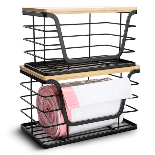 2 Pack Trash Bag Dispenser & Garbage Holder – Stackable Wall Mount Storage Organizer with Bamboo Top, No Drill Roll Holder for Kitchen, Bathroom, Laundry & Under Sink Countertop Organization