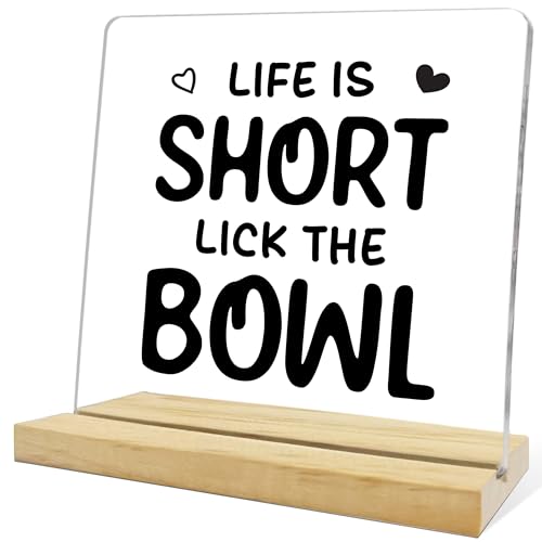 Funny Kitchen Decor,Life is Short Lick The Bowl Acrylic Plaque for Home Living Shelf Table - color: Blue