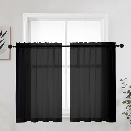 OWENIE Short Black Sheer Curtains 36 Inches 2 Panels Set - Kitchen Tiers Valances Curtains Light Filter Rod Pocket Voile Cafe Curtains for Kitchen Bathroom Small Half Window, 42 in W x 36 in L, Black - color: Black, size: 42"W x 36"L (Pack of 2)