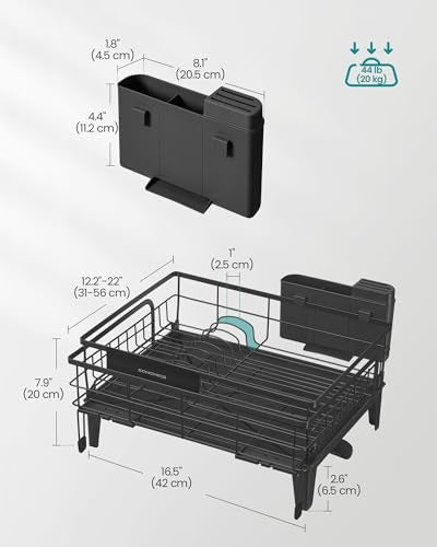 SONGMICS Dish Drying Rack, Kitchen Dish Rack with Drainboard, 360° Rotatable and Extendable Spout, with Cutlery Holder, (12.2-22) x 16.5 x 7.9 Inches, Ink Black UKCS552B01 - color: Ink Black, style: with Holder