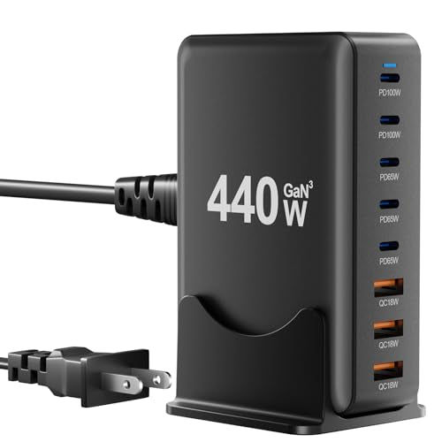 440W USB C Fast Charger Block, 8 Port Charging Station, GaN Ⅲ Multi Port Charging Station Hub for Multiple Devices, Multiport USB Charger Station Compatible with MacBook iPhone iPad Dell